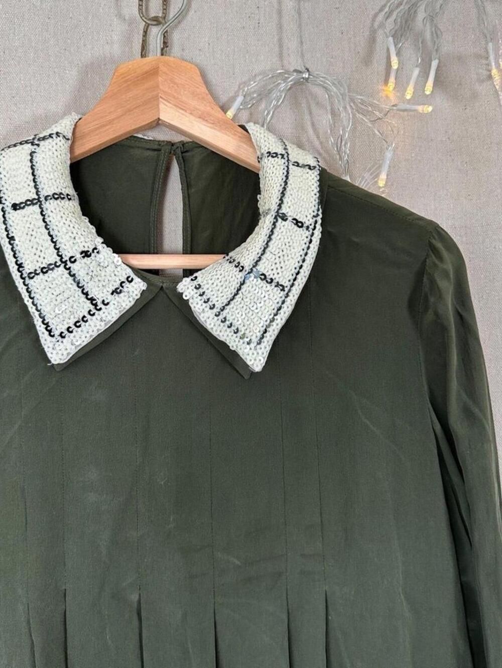 Silk Olive Shift Mini w/ Check Peter Pan Collar & Cuffs | English Ivy–Inspired - Picture 7 of 16